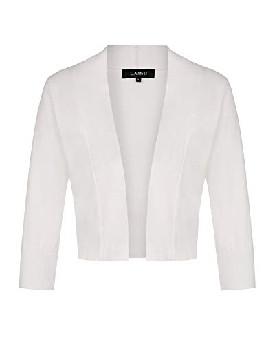 MINTLIMIT Damen Elegant Bolero V-Ausschnitt Kurz-Strickweste 3/4 Ärmel Strickjacke Bolerojacke Schulterjacke Weiß XXL