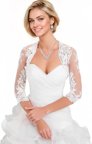 Generisch Damen Hochzeit Top Spitzen-Jacke für die Braut Spitzen Bolero Bolerojäckchen Jacke 3/4 Langer Ärmel...