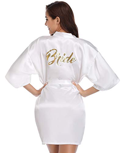 Vlazom Morgenmantel für Hochzeit Satin Kimono Badmantel für Braut&Brautjungfern V-Ausschnitt Damen Robe mit...