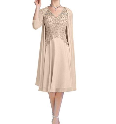Charmant Damen Champagner Spitze Brautmutterkleider Partykleider Knielang Promkleider mit Langarm Chiffon Bolero-38...