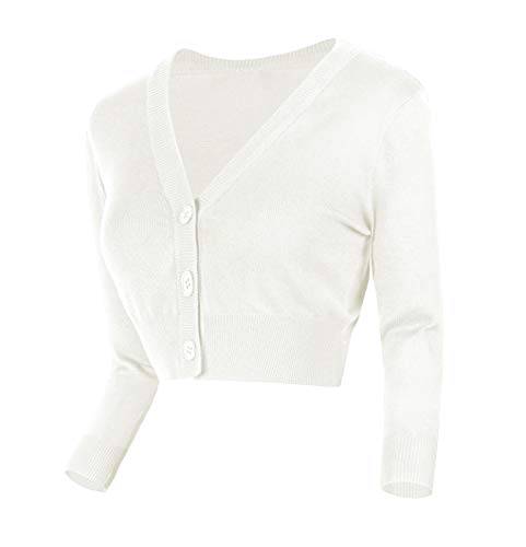 Urban GoCo Damen V-Ausschnitt Kurz-Strickweste Strickjacke (M, weiß)