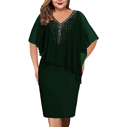 Damen Große Größe Cape Chiffon Cocktailkleid V-Ausschnitt A-Line Knielang Abendkleid mit Overlay