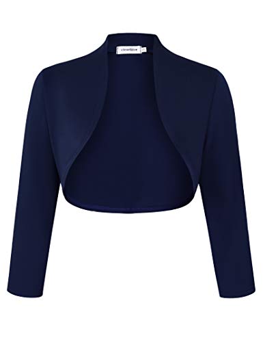 Clearlove Damen Eleganter Bolero Jacke Schulterjacke Kurzes Jäckchen 3/4 Ärmel,Dunkelblau-Upgrade,L