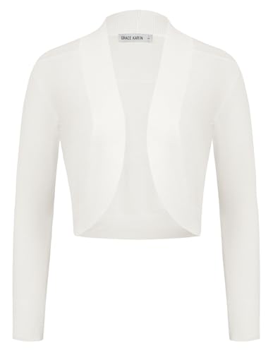 GRACE KARIN Damen Elegante Bolero Langarm Strickjacke Vorne Offen Schulterjacke Festlich Shrug Cardigan L Ivory...