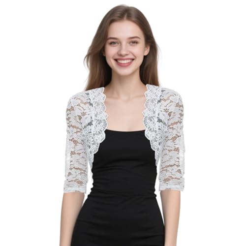FDHBDF Bolero Weiße Spitze Kurzer Kragenloser Cardigan, Elegante Damen Spitzenjacke, 3/4 Ärmel Dünnes Cardigan Top