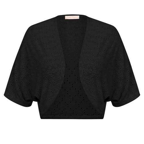 Belle Poque Damen Bolero Strickjacke Kurzarm Offen Vorne Leichte Strickjacke für Abendkleid Schwarz BP0910-01 M