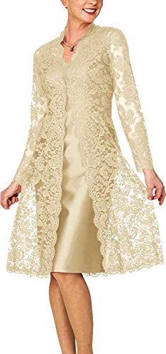 HUINI Brautmutterkleider mit Jacke Knielang Abendkleider Hochzeitskleid Langarm Spitzen Festkleider Champagne 46
