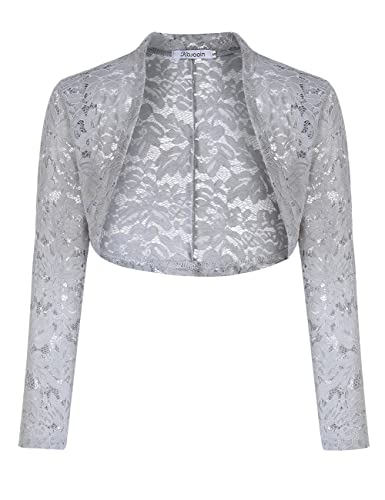 KOJOOIN Damen Bolero Spitzen Jacke Festlich Kurz Cardigan Langarm Strickjacke für Hochzeit Cocktailkleid Grau2 M