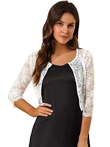 Allegra K Damen Blumen Spitze Shrug Bolero Halber Ärmel Durchsichtig Crop Cardigan Weiß M
