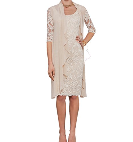 Charmant Damen Champagner Spitze Abendkleider Etuikleider Brautmutterkleider Mit Langarm Bolero-38 Champagner