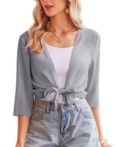 Zeagoo Bolero Damen Sommer Elegant Schulterjacke Casual Cardigan 3/4 Ärmel Leicht Bolerojacke Casual Top Grau M