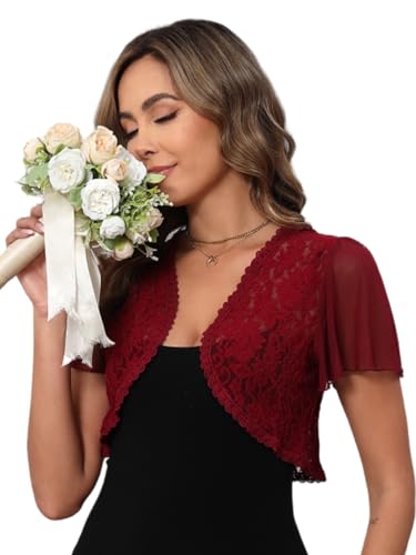 Enjyam Damen Bolero Festlich Elegant Spitzen Bolerojacke Kurzarm Jäckchen Leicht Schulterjacke zum Kleider weinrot,S