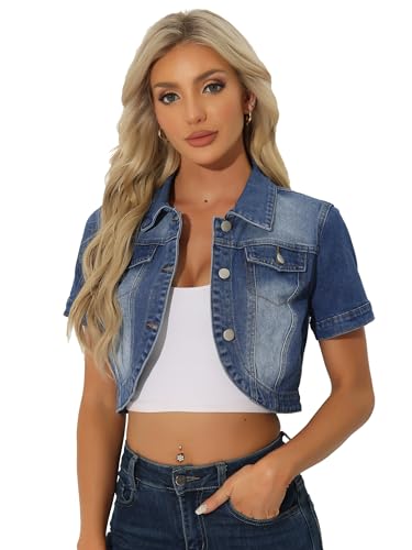Allegra K Damen Jeansjacke Leichte Übergangsjacke Revers Kurzarm Bauchfreie Denim Jacke Mittelblau L