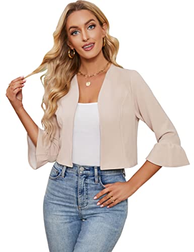 KOJOOIN Damen Bolero Jäckchen 3/4 Ärmel Rüschen Open Front Strickjacke Elegant festlich Shrug Cardigan Casual Top...