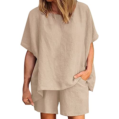 Jäckchen Damen lässiger runder Ausschnitt einfarbige Baumwolle Leinen Zweiteiler Shorts Unterwäsche Set Rot(Khaki,XL)