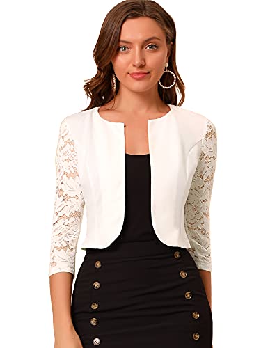 Allegra K Damen Festlich Spitze Bolero 3/4 Ärmel Rundhals Durchsichtig Shrug Elegant Jäckchen Weiß L