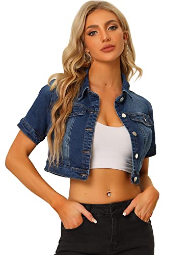 Allegra K Damen Jeansjacke Kurz Cropped Jeansjacken Kurzarm Knopfleiste Crop Jacket Kurze Denim Jacke Dunkel Blau S