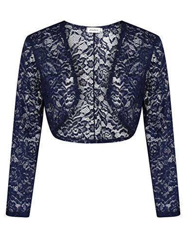 Damen Bolero Spitzen Jacke Festlich Kurz Cardigan Langarm Strickjacke Für Hochzeit Cocktailkleid, Dunkelblau-spitze, M