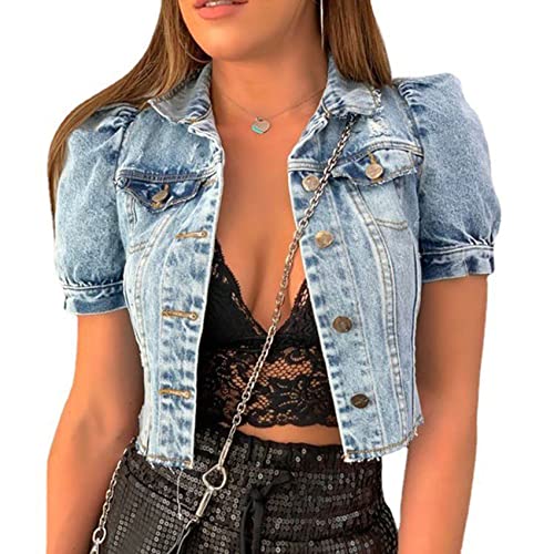 NLAVW Damen Kurzarm Jeansjacke Lässige Jeansjacke Einfarbige Vintage Kurzjacke Oberbekleidung,Blau,S