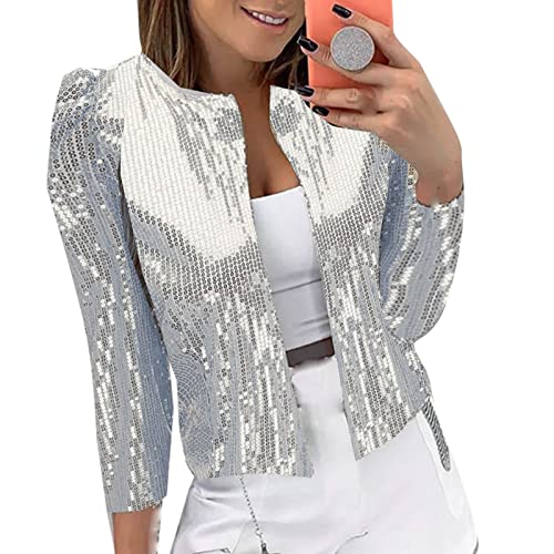 Glitzer Jacke Damen Fasching Open Front Pailletten Blazer Langarm Elegant Glitzer Cardigan Festliche Party Bolerojacke...